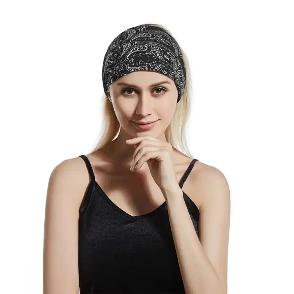 Bohemian Paisley Pattern Bandana Sporty Headband (Black)